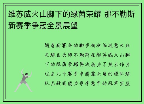 维苏威火山脚下的绿茵荣耀 那不勒斯新赛季争冠全景展望